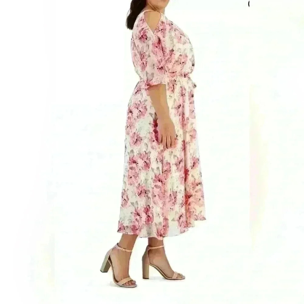 Anne Klein Floral Print Cold Shoulder Belted Dress Size 0X - Picture 2 of 10